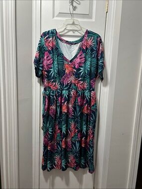 Tropical Leaf V-Neck Midi Dress in Teal and Pink